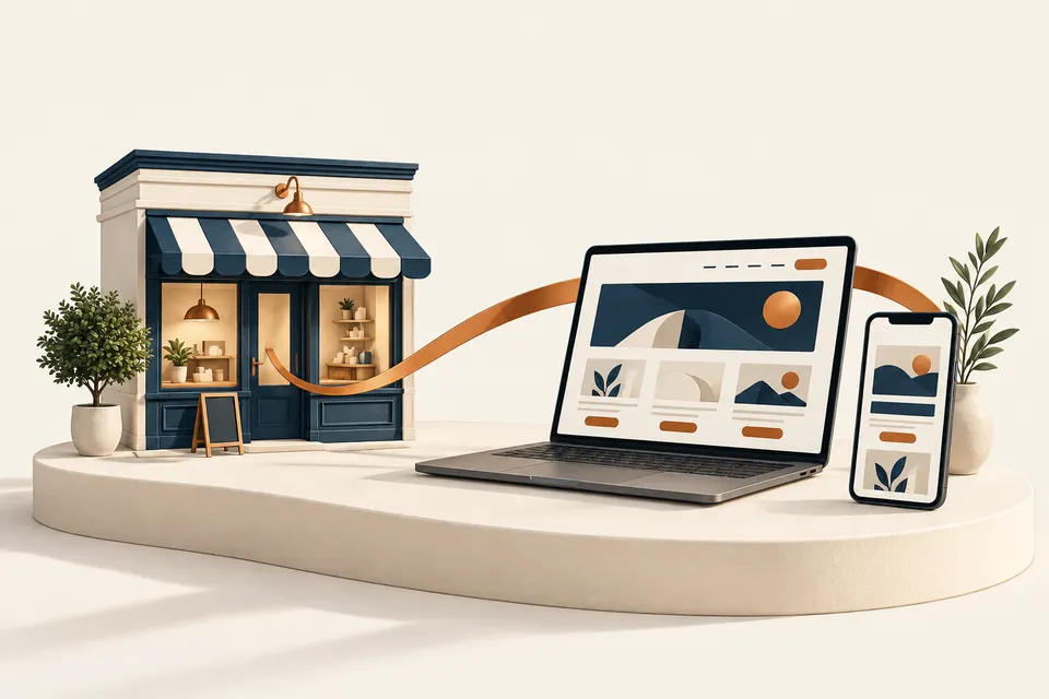 Illustration of a small storefront connected to a laptop and phone by a copper ribbon